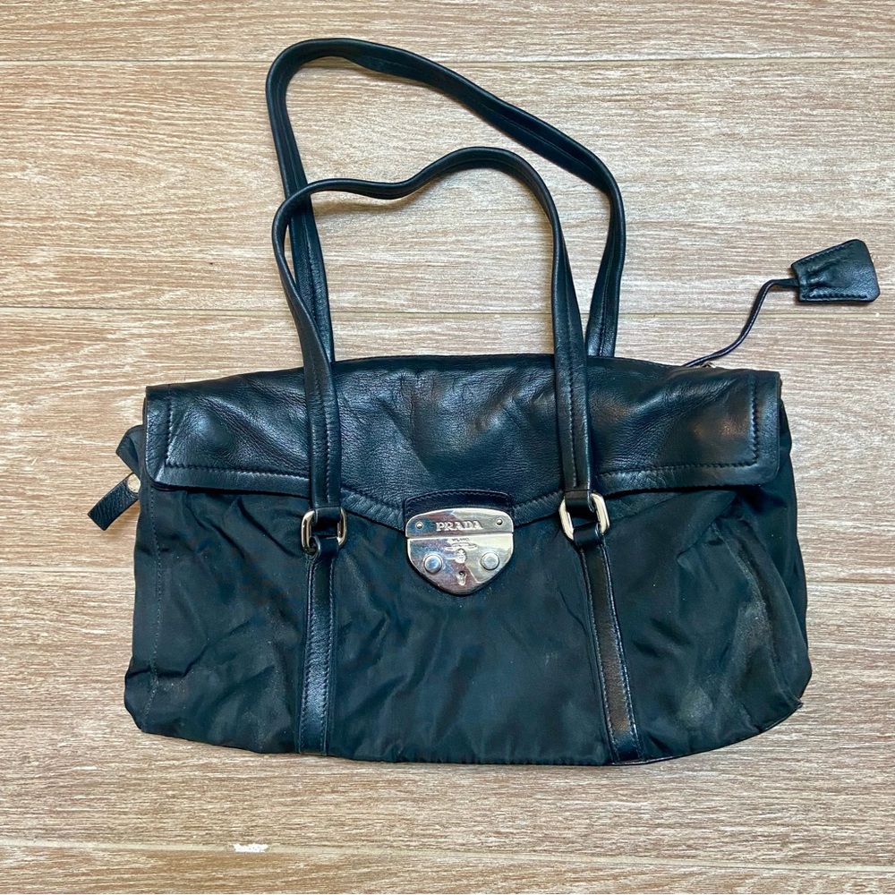 Authentic Prada Black Leather Nylon Small Shoulder Bag